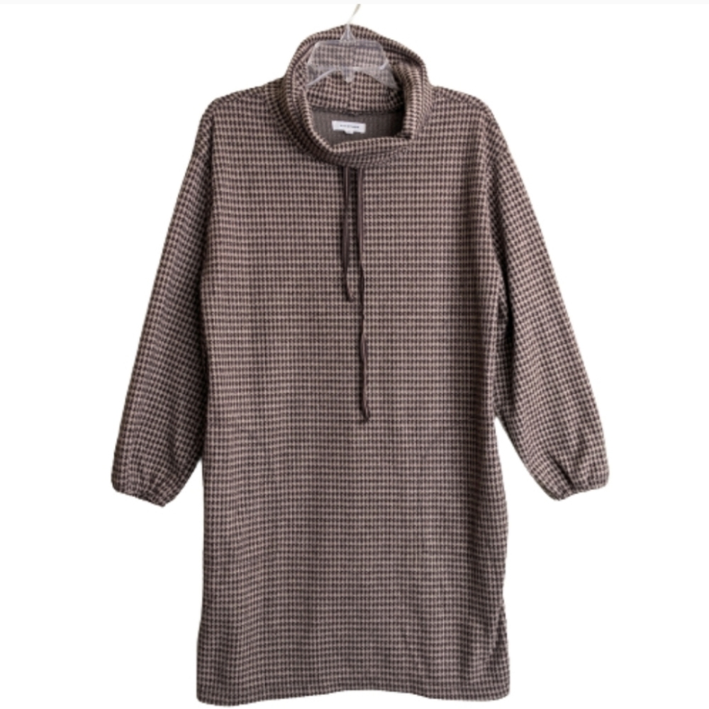 Max Studio Dress Brown Houndstooth Brushed Knit Funnel Neck Bubble Sleev…